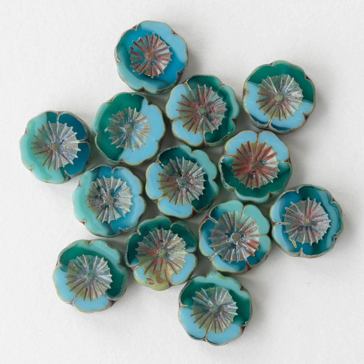 14mm Hibiscus Flower Beads - Transparent Aqua Teal Mix - 10 Beads