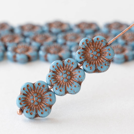 Anemone Flower Beads - 14mm - Opaque Aqua with Copper Wash - 10 beads