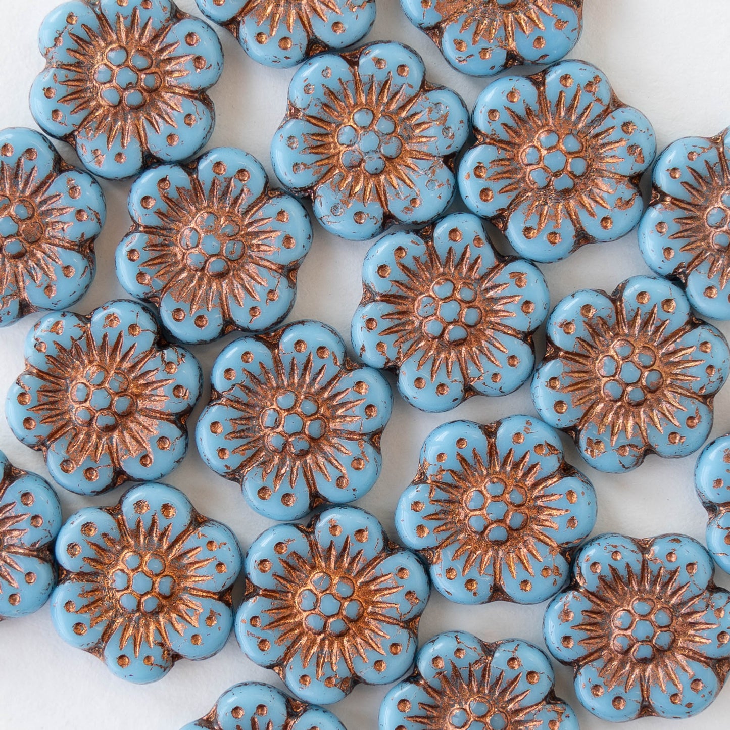 Anemone Flower Beads - 14mm - Opaque Aqua with Copper Wash - 10 beads