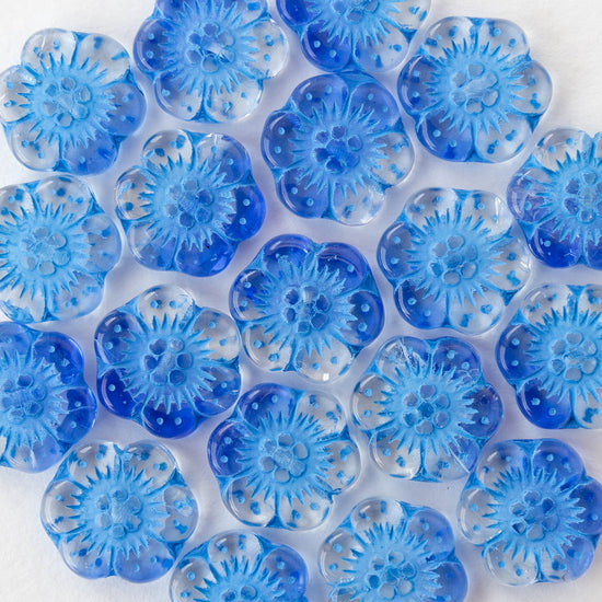 14mm Glass Flower Beads - Transparent Blue Crystal Mix - 10 Beads