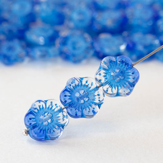 14mm Glass Flower Beads - Transparent Blue Crystal Mix - 10 Beads