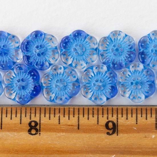 14mm Glass Flower Beads - Transparent Blue Crystal Mix - 10 Beads