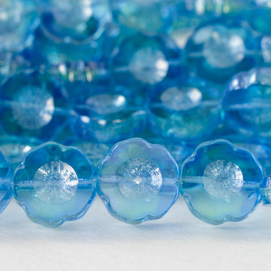 14mm Glass Flower Beads -  Subtle Seafoam Blue Mix - 10 beads