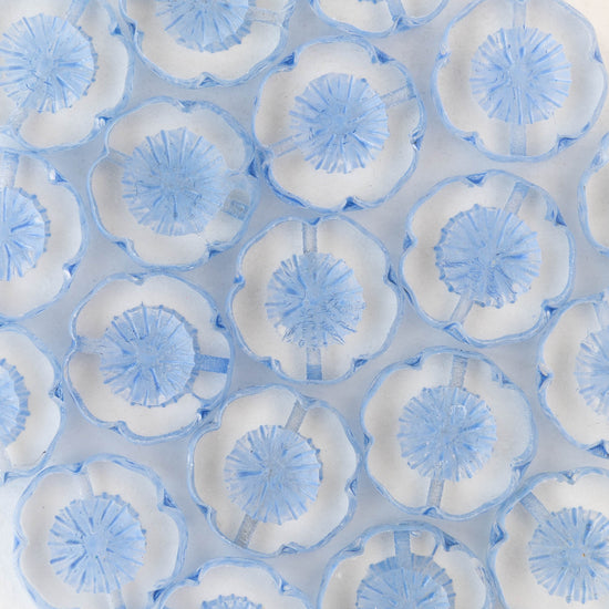 14mm Flower Beads - Crystal with Blue Wash - 4 or 12 Beads