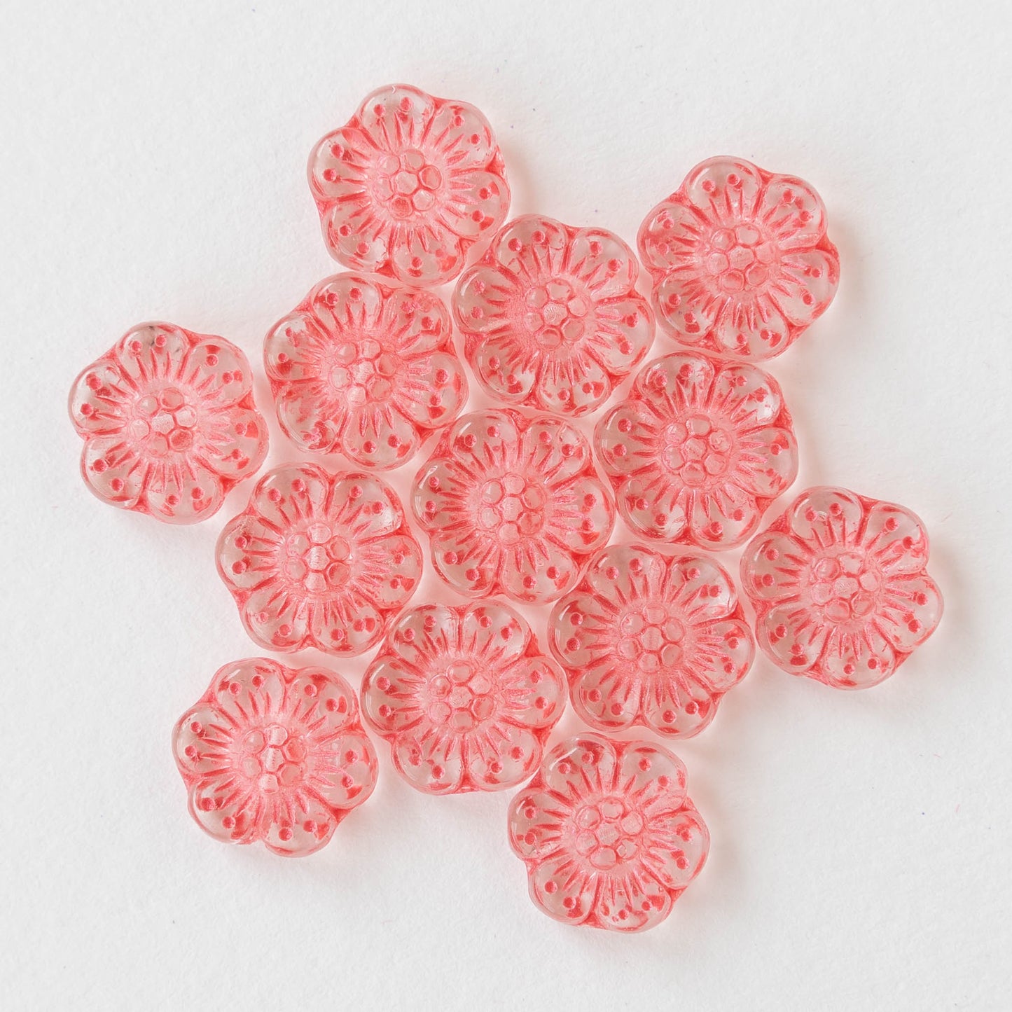 14mm Flower Beads - Crystal with Coral -12 Beads