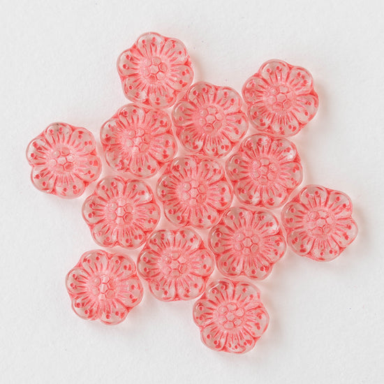 14mm Flower Beads - Crystal with Coral -12 Beads