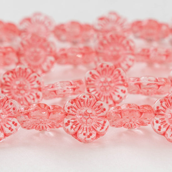 14mm Flower Beads - Crystal with Coral -12 Beads