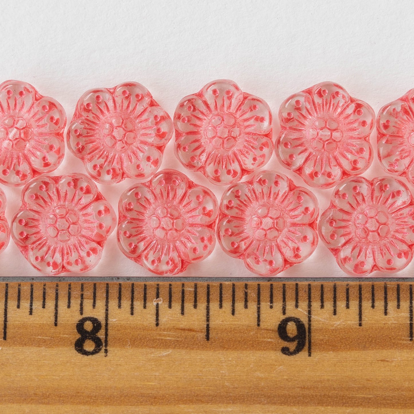 14mm Flower Beads - Crystal with Coral -12 Beads