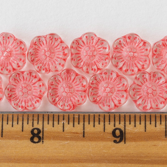 14mm Flower Beads - Crystal with Coral -12 Beads