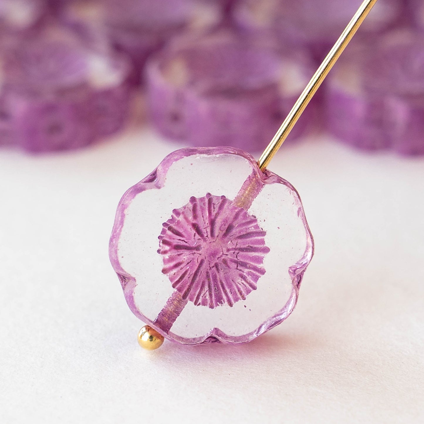 14mm Flower Beads - Crystal with Purple Wash - 4 or 12 Beads