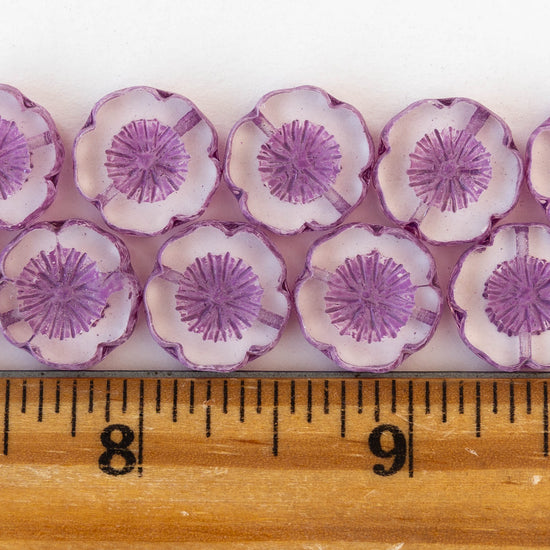 14mm Flower Beads - Crystal with Purple Wash - 4 or 12 Beads