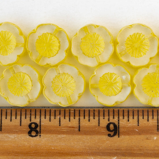 14mm Flower Beads - Crystal with Yellow Wash - 4 or 12 Beads