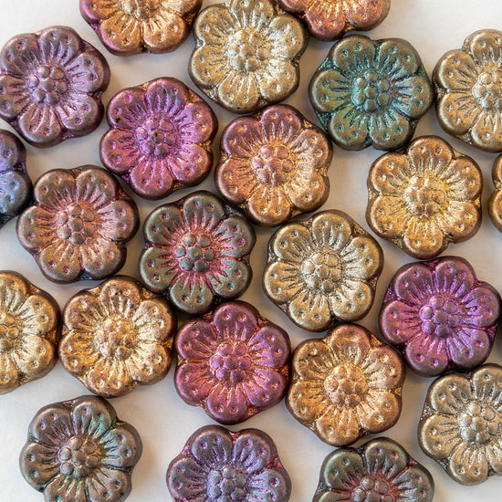 14mm Glass Flower Beads - Matte Gold Iris -10 Beads