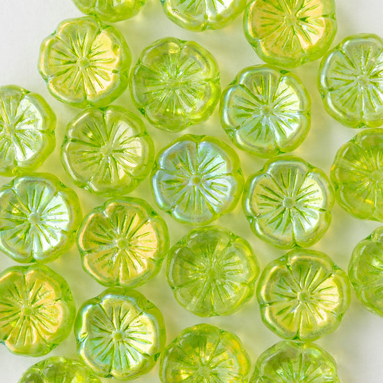 13mm Flower Beads - Lime Green AB -10 Beads