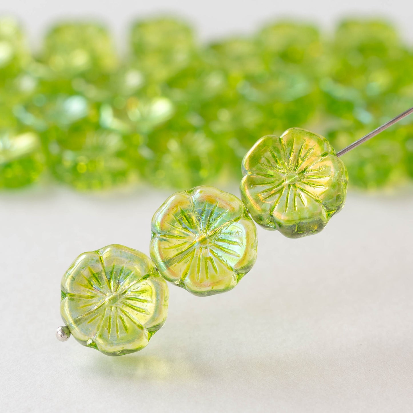 13mm Flower Beads - Lime Green AB -10 Beads