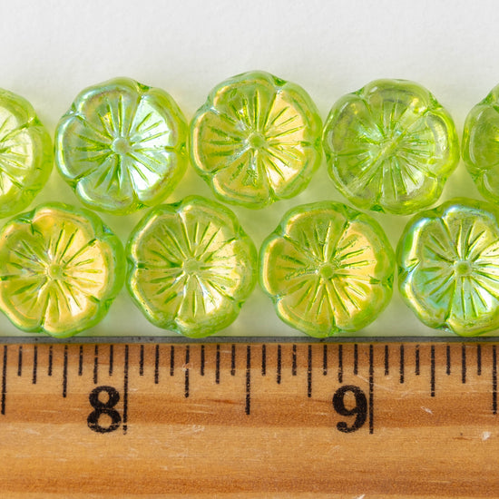 13mm Flower Beads - Lime Green AB -10 Beads