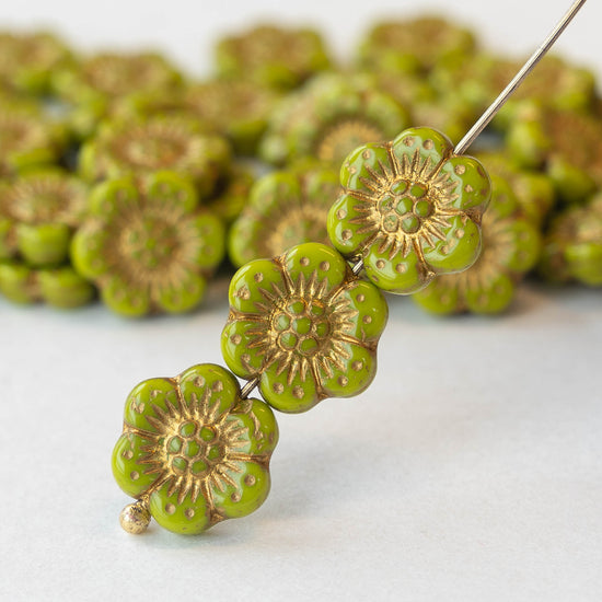 14mm Anemone Flower Beads - Opaque Olive Green with Gold - 10 or 30