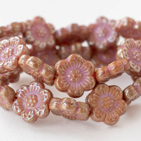 14mm Glass Flower Beads - Opaque Peach Luster - 12 Beads