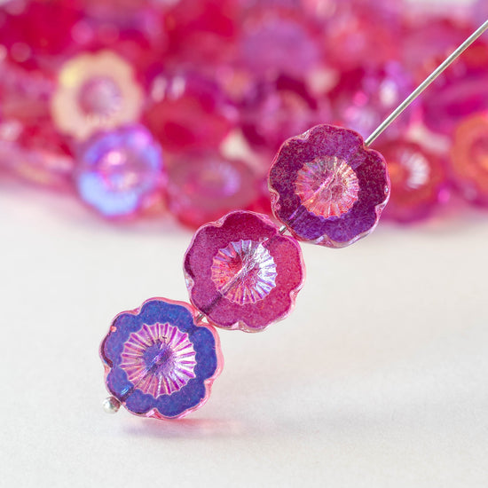 14mm Glass Flower Beads - Pink AB - 10 beads