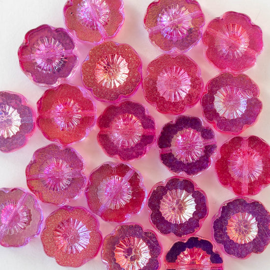 14mm Glass Flower Beads - Pink AB - 10 beads