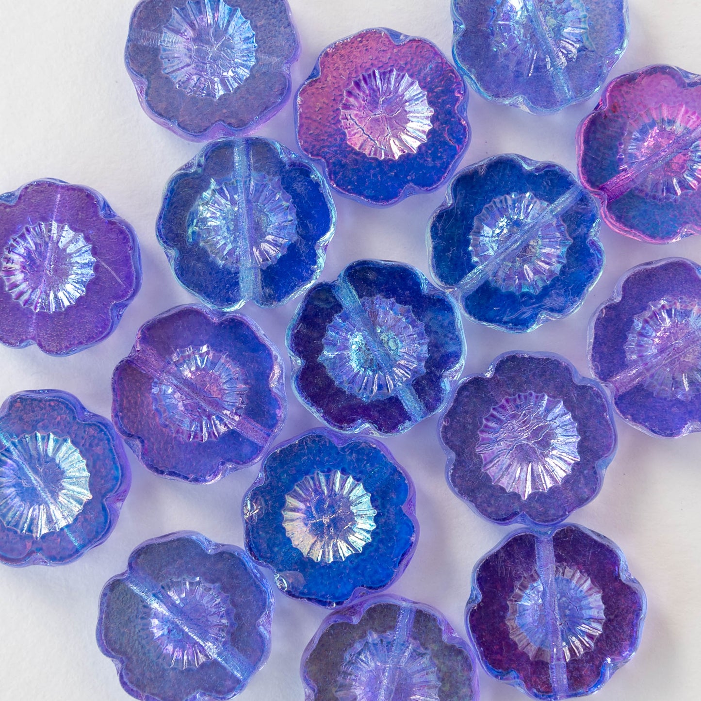 14mm Glass Flower Beads - Blue AB - 10 beads