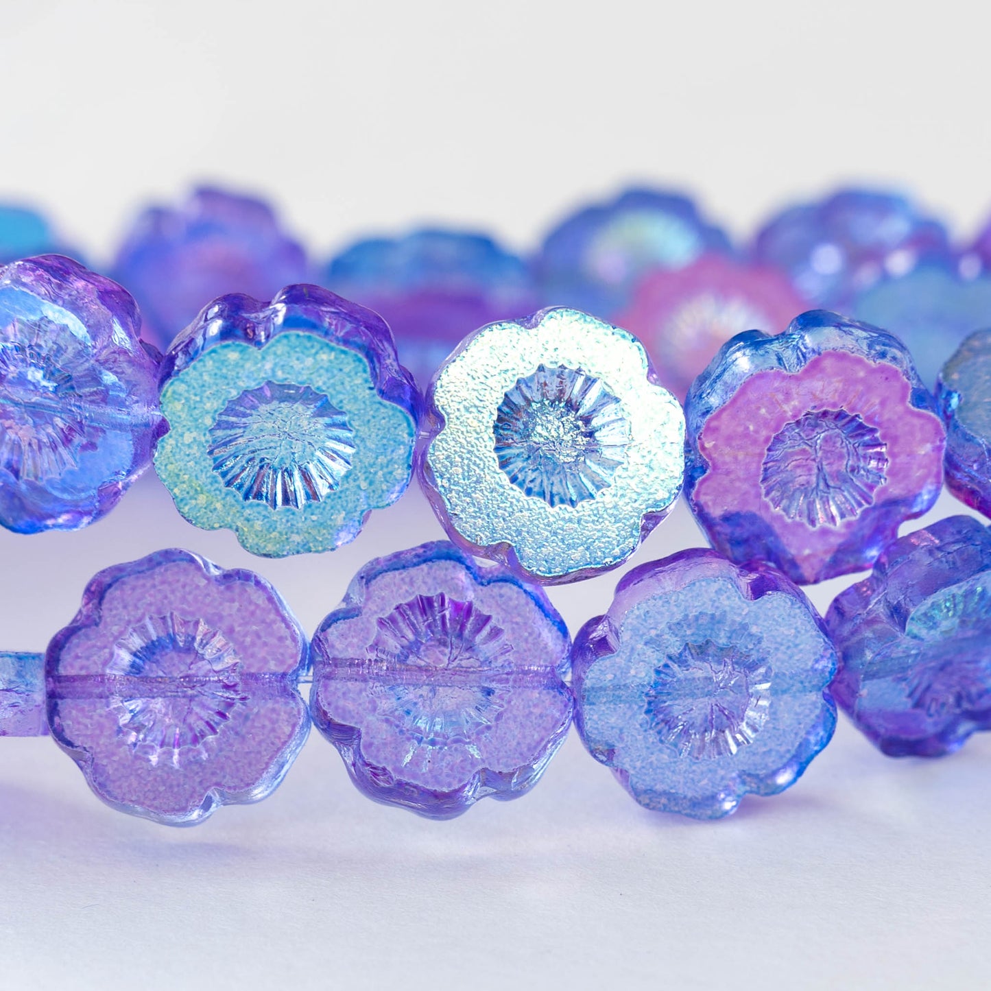 14mm Glass Flower Beads - Blue AB - 10 beads