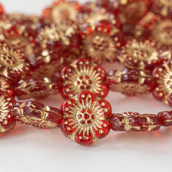 14mm Anemone Flower Beads - Red with Gold Wash - 10 Beads