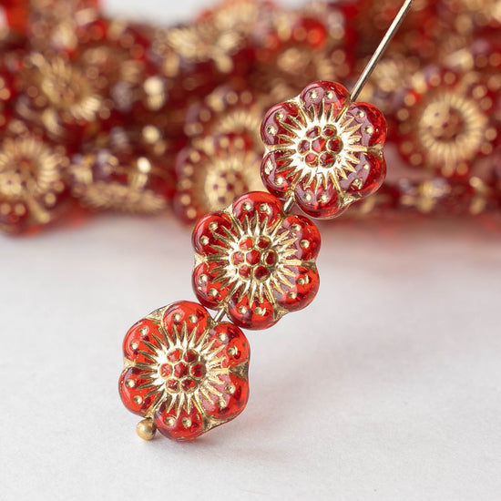 14mm Anemone Flower Beads - Red with Gold Wash - 10 Beads