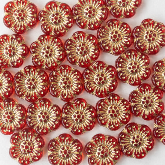 14mm Anemone Flower Beads - Red with Gold Wash - 10 Beads