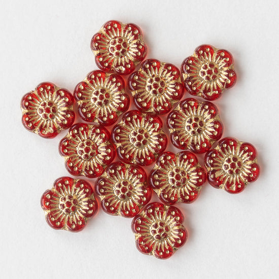 14mm Anemone Flower Beads - Red with Gold Wash - 10 Beads