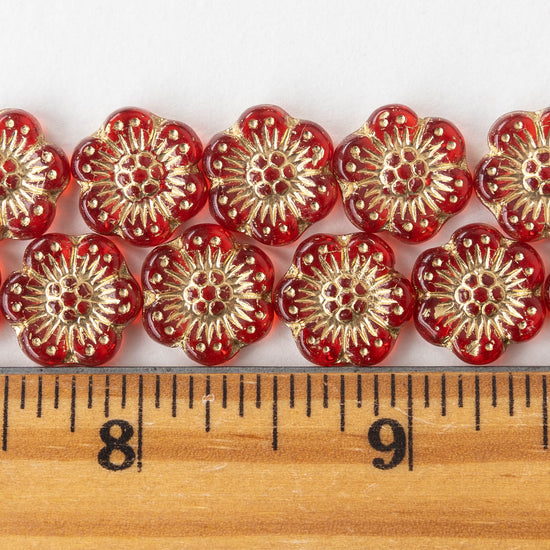 14mm Anemone Flower Beads - Red with Gold Wash - 10 Beads