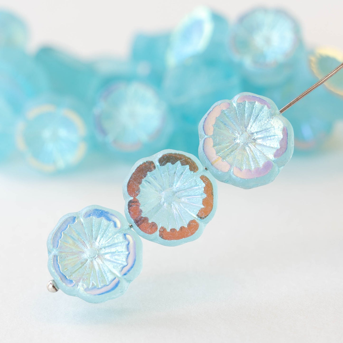 14mm Hibiscus Flower Beads - Reflective Aqua AB - 10 Beads