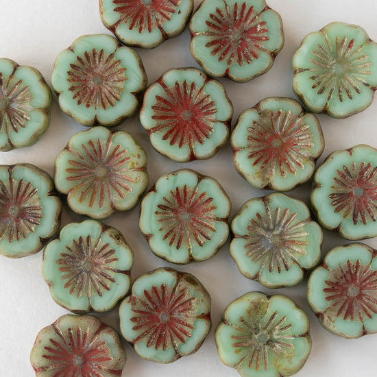 14mm Hibiscus Flower Beads - Seafoam Green Red, Picasso Finish - 10 Beads