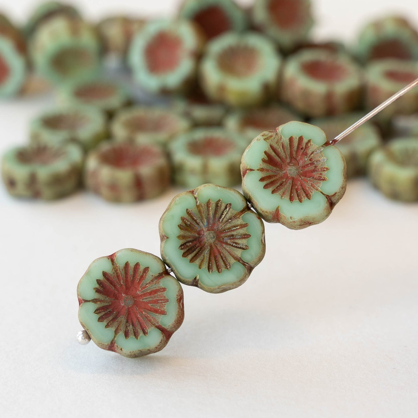 14mm Hibiscus Flower Beads - Seafoam Green Red, Picasso Finish - 10 Beads