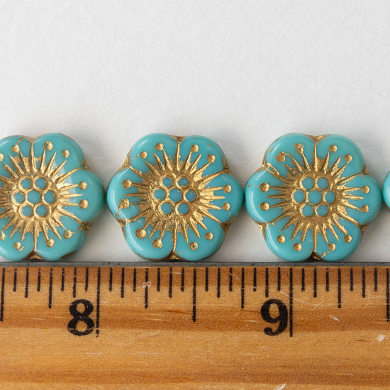 Anemone Flower Beads - 18mm - Opaque Turquoise With Gold Decor - Choose Amount