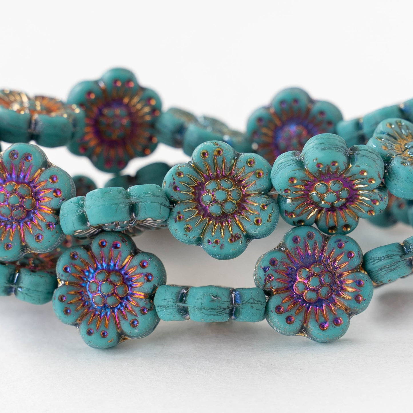 14mm Glass Flower Beads - Turquoise with Iris Wash - 4 or 12 beads