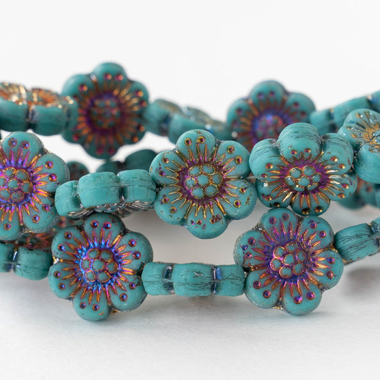14mm Glass Flower Beads - Turquoise with Iris Wash - 4 or 12 beads
