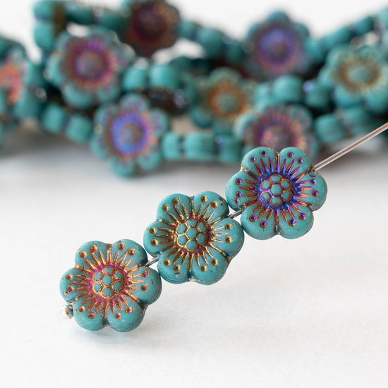 14mm Glass Flower Beads - Turquoise with Iris Wash - 4 or 12 beads