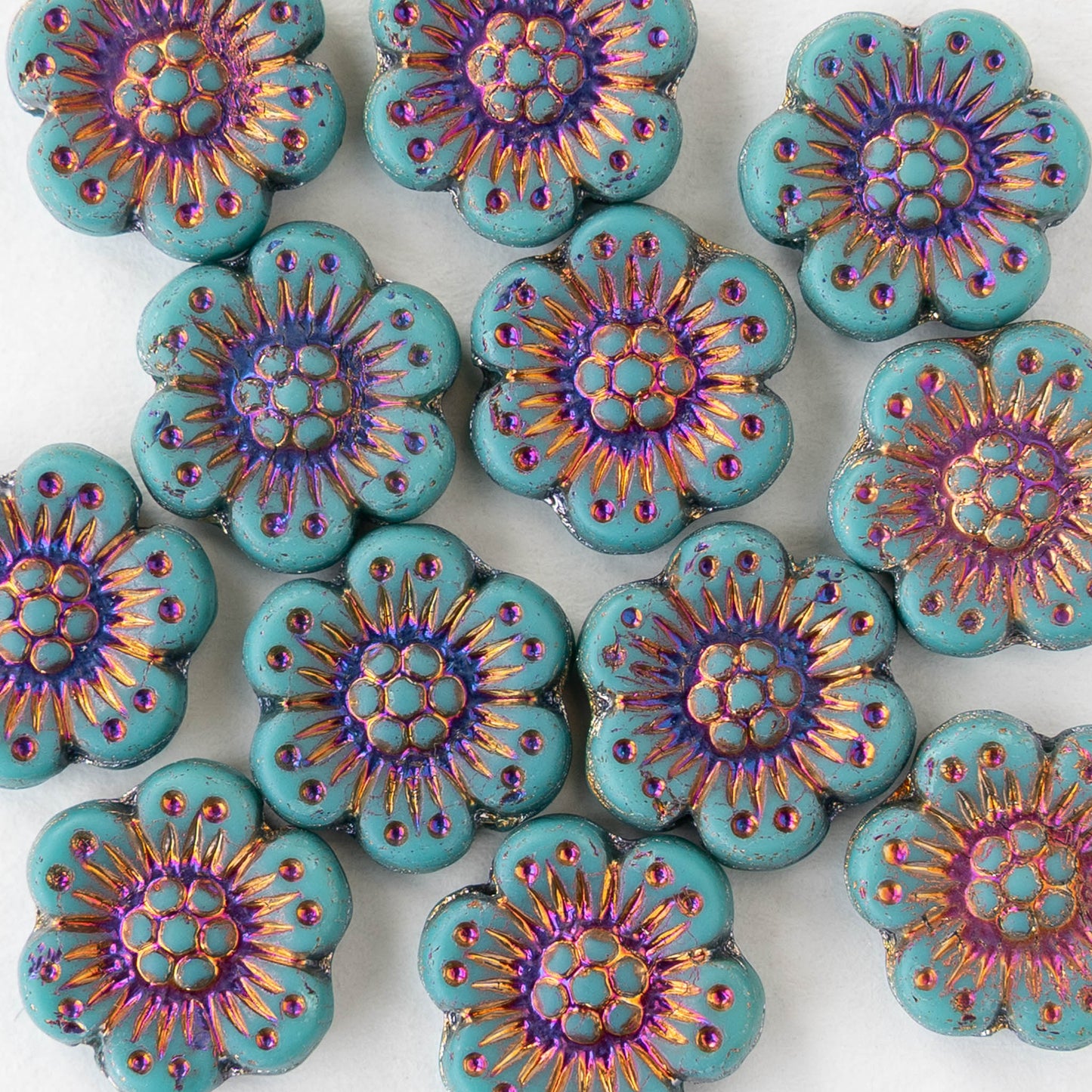 14mm Glass Flower Beads - Turquoise with Iris Wash - 4 or 12 beads