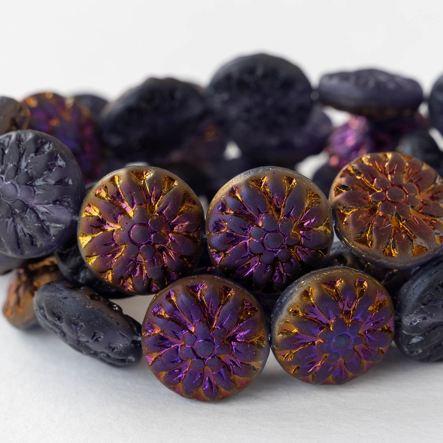 15mm Dahlia Flower Beads - Tanzanite Purple with Iridescent Golden Half Coat - 12