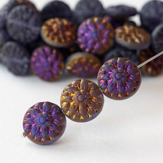 15mm Dahlia Flower Beads - Tanzanite Purple with Iridescent Golden Half Coat - 12