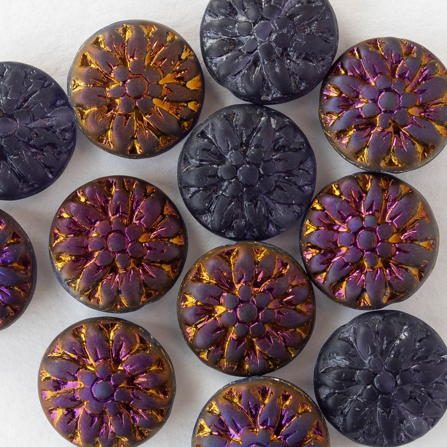 15mm Dahlia Flower Beads - Tanzanite Purple with Iridescent Golden Half Coat - 12