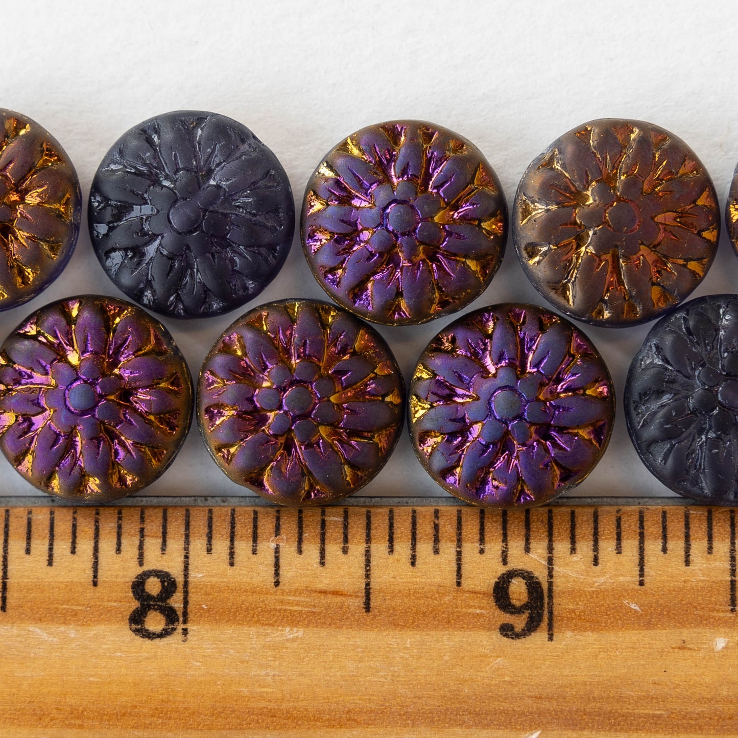 15mm Dahlia Flower Beads - Tanzanite Purple with Iridescent Golden Half Coat - 12