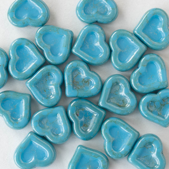 14mm Heart Beads - Lt. Turquoise with Blue - 10 hearts