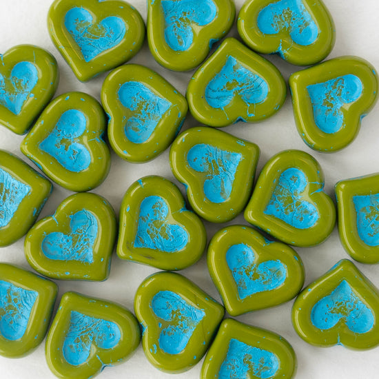 14mm Heart Beads - Olive and Aqua - 10 hearts