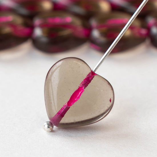 14mm Glass Heart Beads - Transparent Gray with Pink Line - 6 hearts