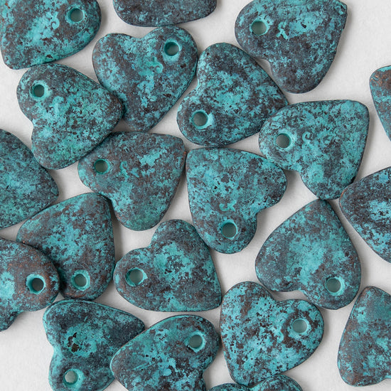 14mm Mykonos Metal Heart Beads - Green Patina - 4 or 12