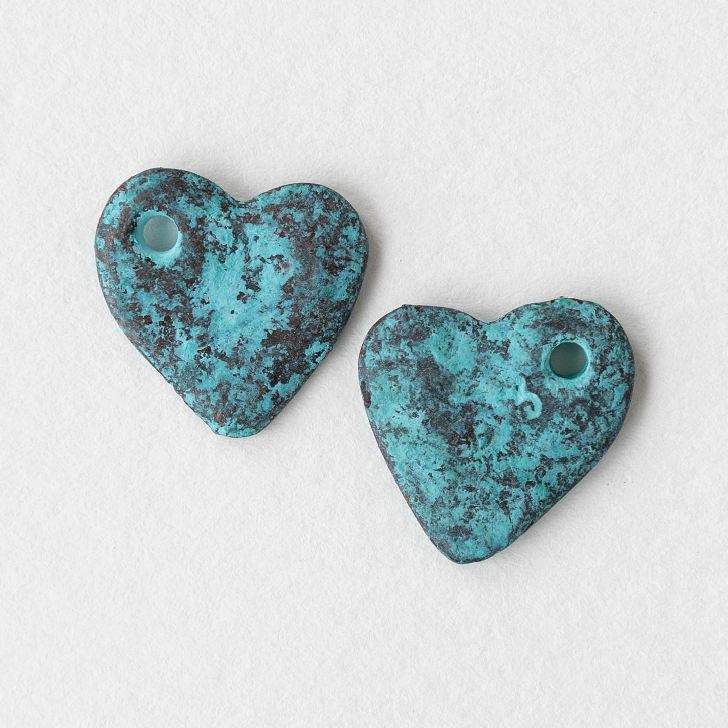 14mm Mykonos Metal Heart Beads - Green Patina - 4 or 12