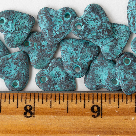 14mm Mykonos Metal Heart Beads - Green Patina - 4 or 12