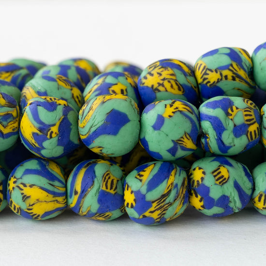 Round Krobo Beads - 14mm - Blue Green Yellow - 19 beads
